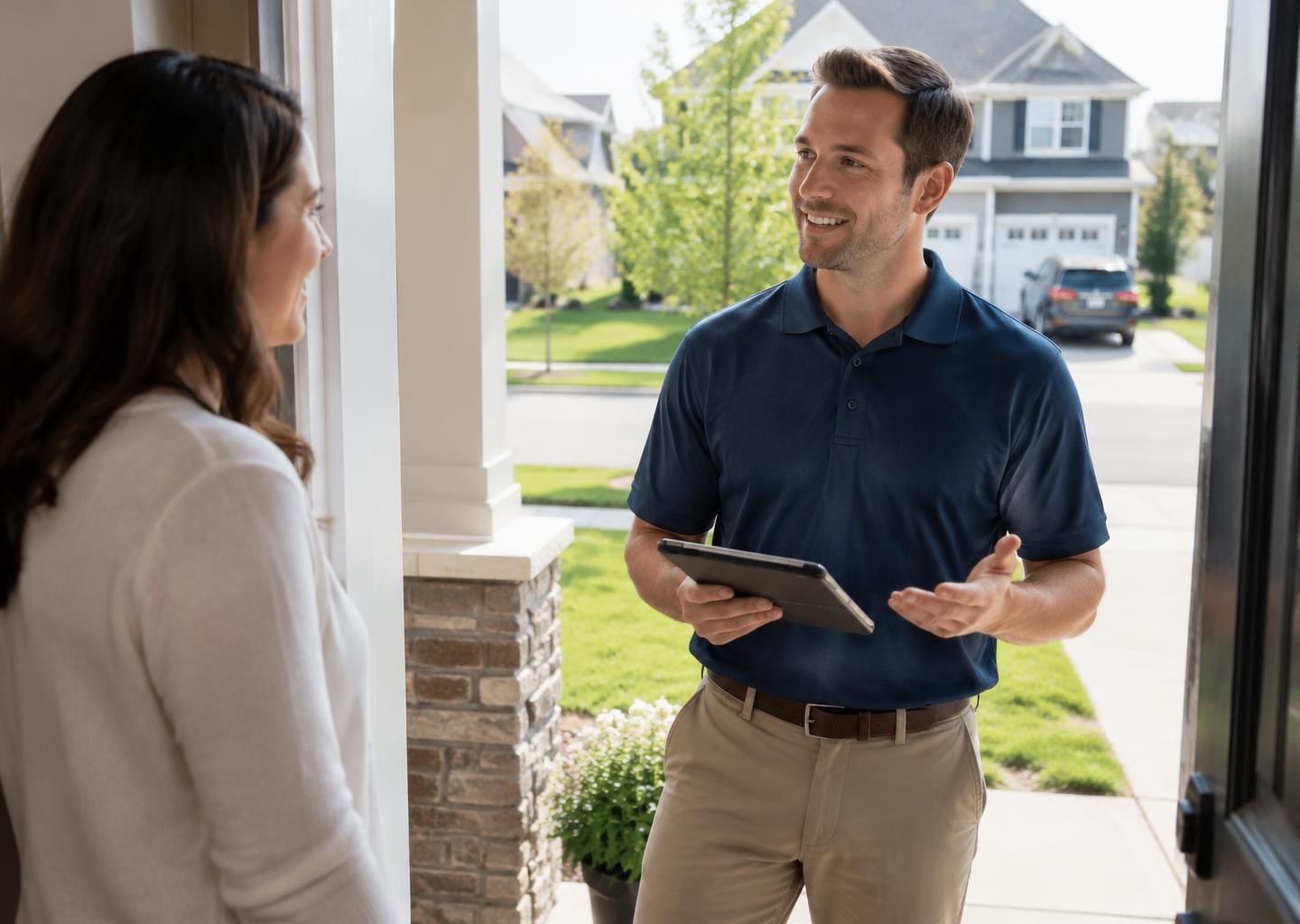 Door-to-door sales rep with a tablet talking with a homeowner at her front door